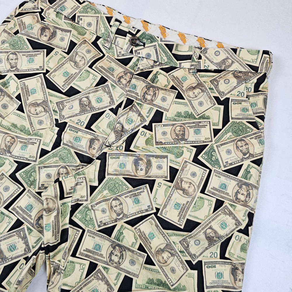 Loudmouth Golf Shorts Mens 38 Money Cash US Dollar Bills Print Flat Front Green